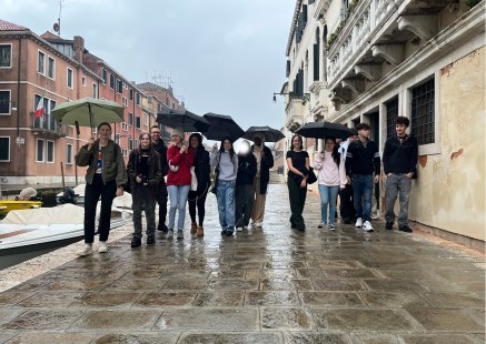 students in the rain